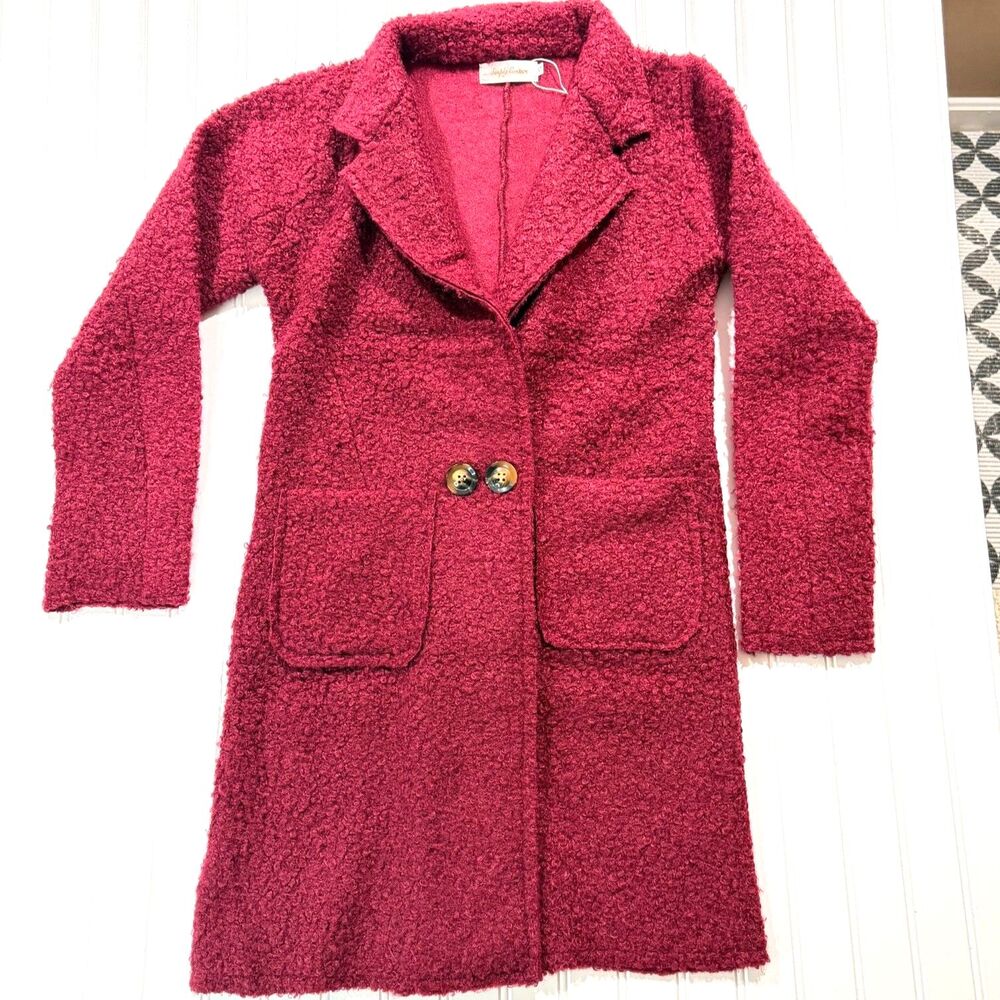 NWOT Burgundy Boucle Wool Blend Trench Duster Cardi Jacket Coat Simply Couture S